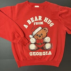 Vintage Bear Hug From Georgia Sweatshirt Christmas Santa Made in USA Size L Red